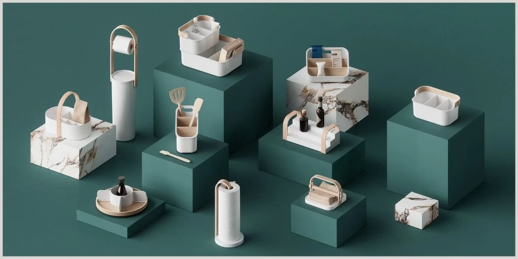 umbra bellwood világos skandináv stílusú natúr fa fehér színű konyhai tárolók kirakati polcokra rendezve egyszínű zöld háttérrel lazy suzan fűszertartó eszköz tároló papírtörlő tartó szalvéta tartó