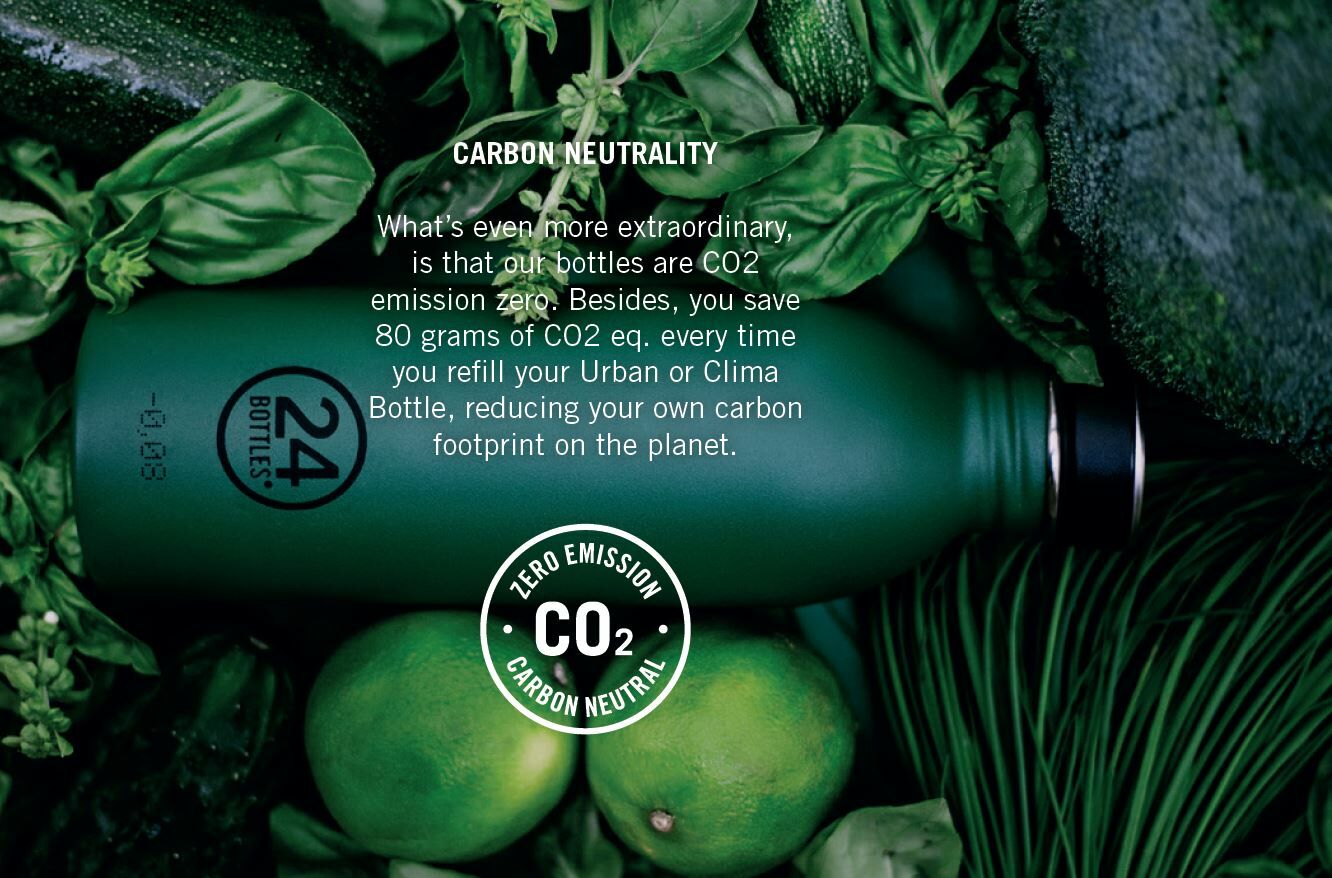 24Bottles termosz márka környezetvédelmi vállalásának angol szövege zöld termoszukat ábrázoló háttéren