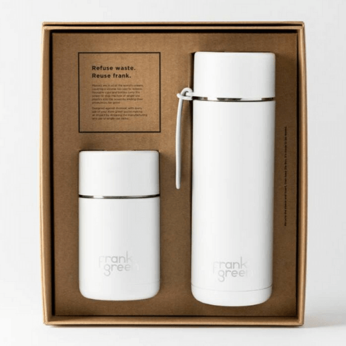 fehér design hőtartó termosz kulacs és kávés termosz bögre ajándékdobozban