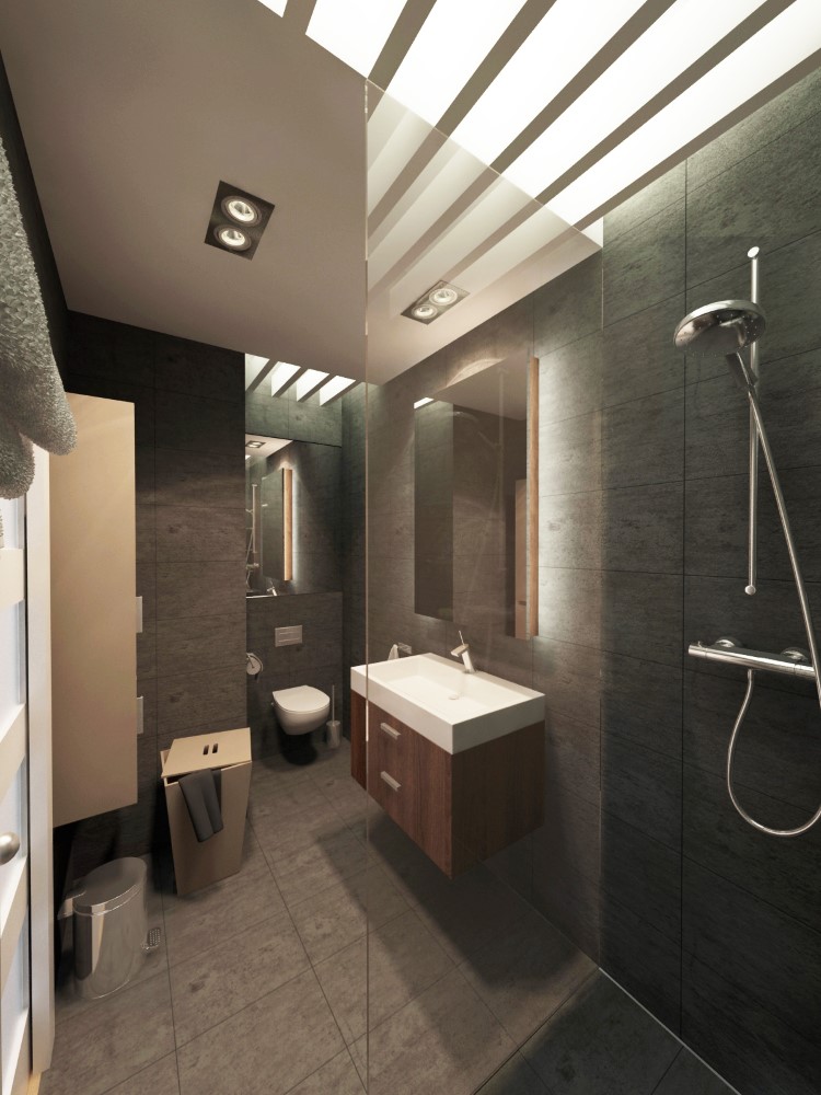Modern zuhanyzós fürdőszoba megvilágítási megoldása rejtett lamellás álmennyezettel