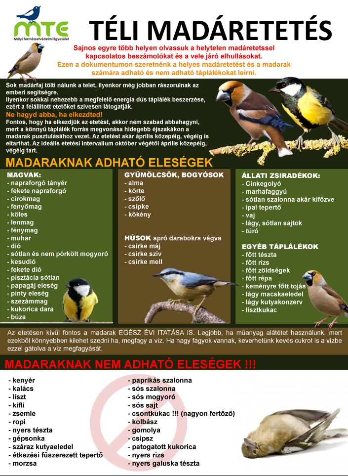 Összesítő táblázat a téli madáretetés megfelelő és tiltott eleségeiről. Forrás: Mályi Természetvédelmi Egyesület