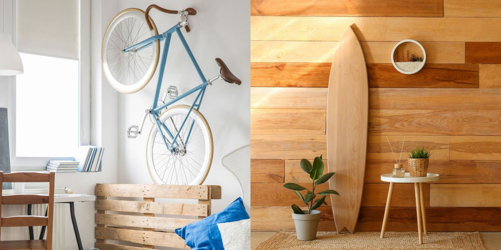 Bicikli és szörfdeszka faldekoráció ötlet